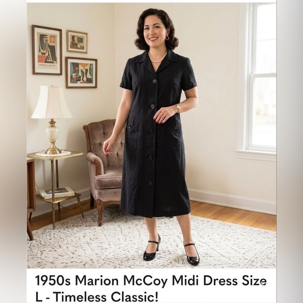 1950s Marion McCoy Vintage Black Dress Midi Button Down Short Sleeve Size L